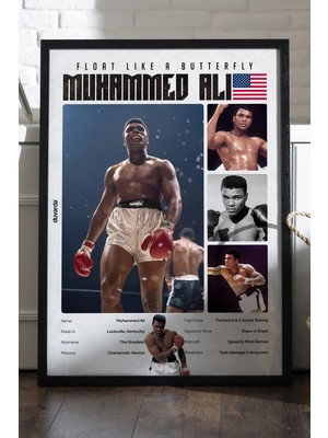 Duvarda Muhammed Ali Boks Siyah Ahşap Çerçeveli Poster, Dekoratif Dövüş Duvar Tablosu