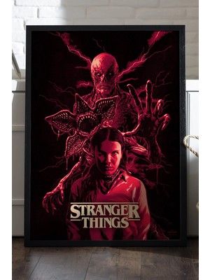 Duvarda Stranger Things Siyah Ahşap Çerçeveli Poster, Dizi Duvar Tablosu