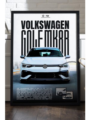 Duvarda Volkswagen Golf Mk 8 R Siyah Ahşap Çerçeveli Poster, Dekoratif Araba Duvar Tablosu