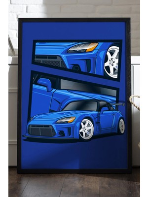 Duvarda Honda S2000 Siyah Ahşap Çerçeveli Poster, Dekoratif Araba Duvar Tablosu