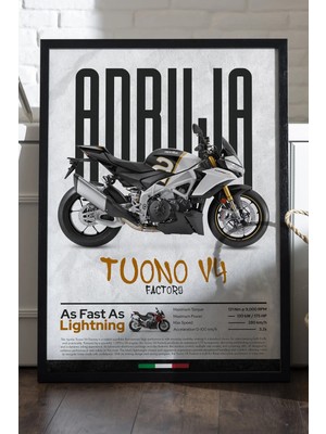 Duvarda Aprilia Tuono V4 Factory Siyah Ahşap Çerçeveli Poster, Dekoratif Motosiklet Duvar Tablosu