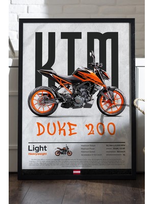 Duvarda Ktm Duke 200 Siyah Ahşap Çerçeveli Poster, Dekoratif Motosiklet Duvar Tablosu