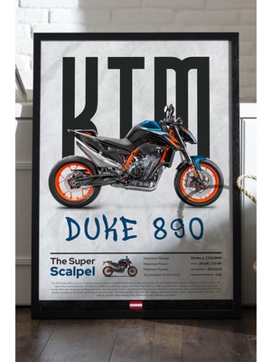 Duvarda Ktm Duke 890 Siyah Ahşap Çerçeveli Poster, Dekoratif Motosiklet Duvar Tablosu