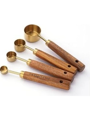 Yağmur Store 4 Parça Bambu Saplı Ölçü Kaşığı Seti, Gold Renk, Paslanmaz Çelik