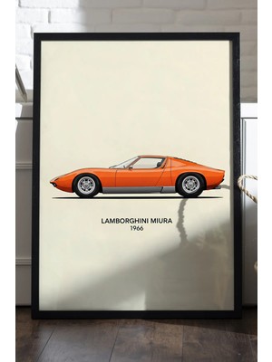 Duvarda Lamborghini Miura Siyah Ahşap Çerçeveli Poster, Dekoratif Araba Duvar Tablosu