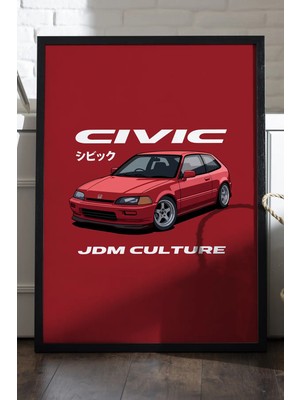 Duvarda Honda Civic Siyah Ahşap Çerçeveli Poster, Dekoratif Jdm Araba Duvar Tablosu
