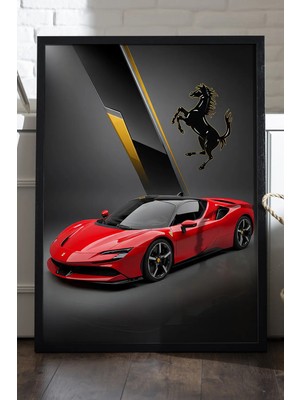 Duvarda Ferrari SF90 Stradale Siyah Ahşap Çerçeveli Poster, Dekoratif Araba Duvar Tablosu