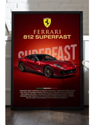 Duvarda Ferrari 812 Superfast Siyah Ahşap Çerçeveli Poster, Dekoratif Araba Duvar Tablosu