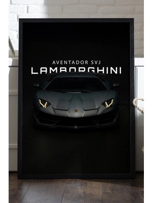 Duvarda Lamborghini Aventador Svj Siyah Ahşap Çerçeveli Poster, Dekoratif Araba Duvar Tablosu