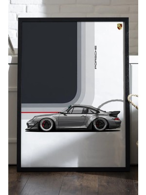 Duvarda Porsche 911 Siyah Ahşap Çerçeveli Poster, Dekoratif Araba Duvar Tablosu