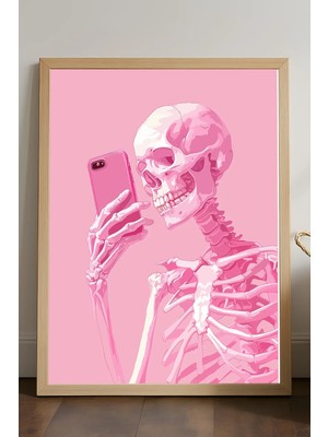 Duvarda Iskelet Selfie Doğal Ahşap Çerçeveli Poster, Dekoratif Pembe Duvar Tablosu