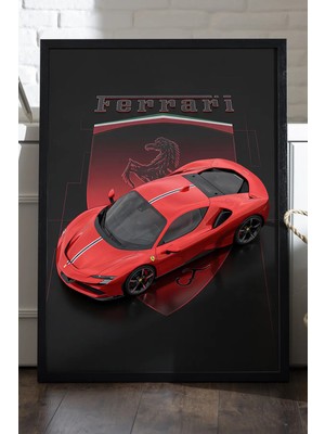 Duvarda Ferrari SF90 Stradale Siyah Ahşap Çerçeveli Poster, Dekoratif Araba Duvar Tablosu