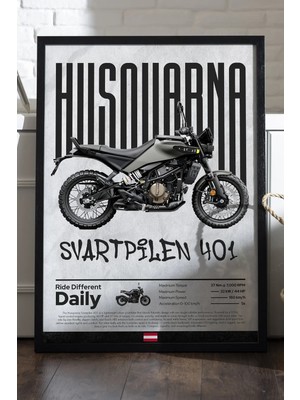 Duvarda Husqvarna Svartpilen 401 Siyah Ahşap Çerçeveli Poster, Dekoratif Motosiklet Duvar Tablosu