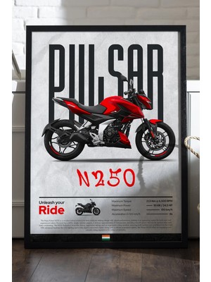 Duvarda Bajaj Pulsar N 250 Siyah Ahşap Çerçeveli Poster, Dekoratif Motosiklet Duvar Tablosu