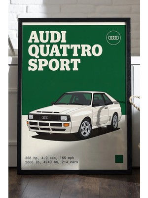 Duvarda Audi Quattro Sport Siyah Ahşap Çerçeveli Poster, Dekoratif Araba Duvar Tablosu