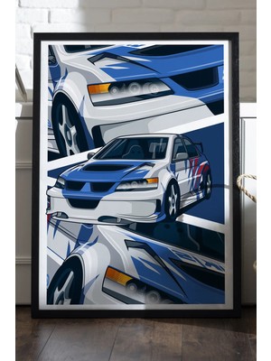 Duvarda Mitshubishi Lancer Evolution Siyah Ahşap Çerçeveli Poster, Dekoratif Araba Duvar Tablosu