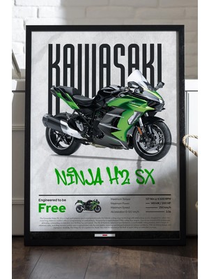 Duvarda Kawasaki Ninja H2 Sx Siyah Ahşap Çerçeveli Poster, Dekoratif Motosiklet Duvar Tablosu