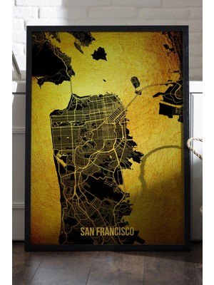 Duvarda San Francisco Şehir Haritası Siyah Ahşap Çerçeveli Poster, Dekoratif Harita Duvar Tablosu