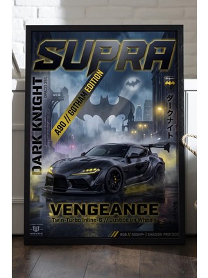 Duvarda Toyota Supra Siyah Ahşap Çerçeveli Poster, Dekoratif Araba Duvar Tablosu
