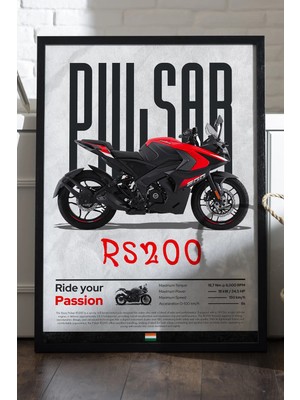 Duvarda Bajaj Pulsar Rs 200 Siyah Ahşap Çerçeveli Poster, Dekoratif Motosiklet Duvar Tablosu