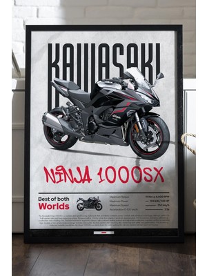 Duvarda Kawasaki Ninja 1000 Sx Siyah Ahşap Çerçeveli Poster, Dekoratif Motosiklet Duvar Tablosu