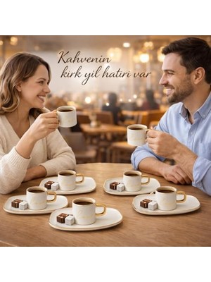 Yağmur Store 6’lı Beyaz Gold Detaylı Kahve Fincanı ve Sunum Tabaklı Set – Yazılı Tasarım, Porselen Türk Kahvesi Seti