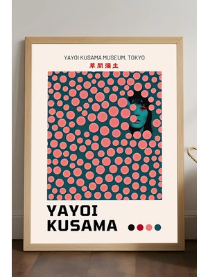 Duvarda Yayoi Kusama Doğal Ahşap Çerçeveli Poster, Dekoratif Sanatsal Duvar Tablosu