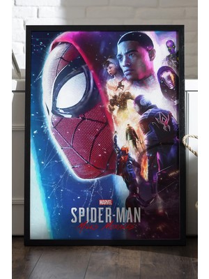 Duvarda Spider-Man Siyah Ahşap Çerçeveli Poster, Dekoratif Oyun Duvar Tablosu