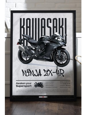 Duvarda Kawasaki Ninja Zx-4r Siyah Ahşap Çerçeveli Poster, Motosiklet Duvar Tablosu