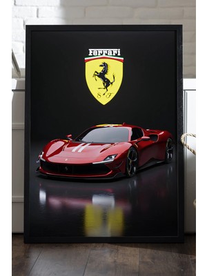 Duvarda Ferrari SF90 Spider Siyah Ahşap Çerçeveli Poster, Dekoratif Araba Duvar Tablosu