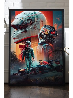 Duvarda Formula 1 Siyah Ahşap Çerçeveli Poster, Dekoratif Araba Duvar Tablosu