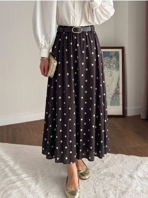 RFK Butik Kadın Puantiyeli Kemer Detaylı Astarlı Tesettür Etek - Kahverengi