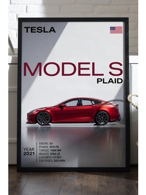 Duvarda Tesla Model S Plaid Siyah Ahşap Çerçeveli Poster, Dekoratif Araba Duvar Tablosu