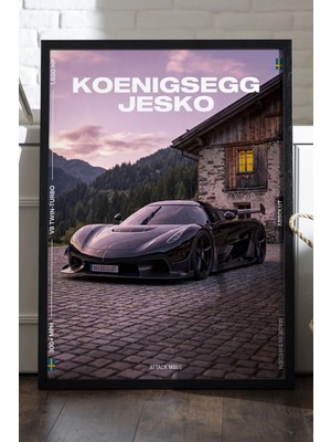 Duvarda Koenigsegg Jesko Siyah Ahşap Çerçeveli Poster, Dekoratif Araba Duvar Tablosu
