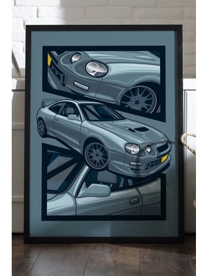 Duvarda Toyota Celica Siyah Ahşap Çerçeveli Poster, Dekoratif Araba Duvar Tablosu