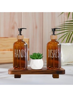 Yağmur Store Cam Dispenser Seti – 2’li Amber Şişe (Hands & Dishes Etiketli), Bambu Kapaklı, Sıvı Sabun & Deterjan Pompası