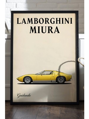 Duvarda Lamborghini Miura Siyah Ahşap Çerçeveli Poster, Dekoratif Araba Duvar Tablosu