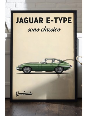 Duvarda Jaguar E-Type Siyah Ahşap Çerçeveli Poster, Dekoratif Araba Duvar Tablosu
