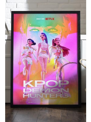 Duvarda Kpop Demon Hunters Siyah Ahşap Çerçeveli Poster, Dekoratif Animasyon Duvar Tablosu