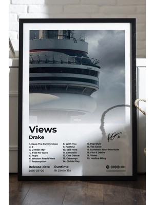 Duvarda Drake Views Siyah Ahşap Çerçeveli Poster, Dekoratif Müzik Albüm Duvar Tablosu