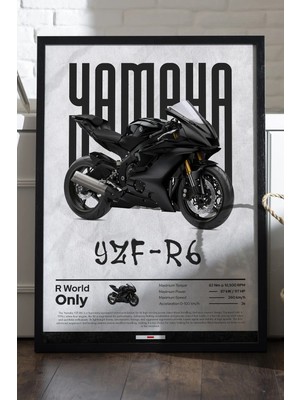 Duvarda Yamaha Yzf-R6 Siyah Ahşap Çerçeveli Poster, Dekoratif Motosiklet Duvar Tablosu