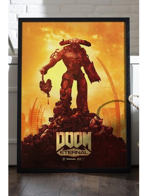 Duvarda Doom Siyah Ahşap Çerçeveli Poster, Dekoratif Oyun Duvar Tablosu