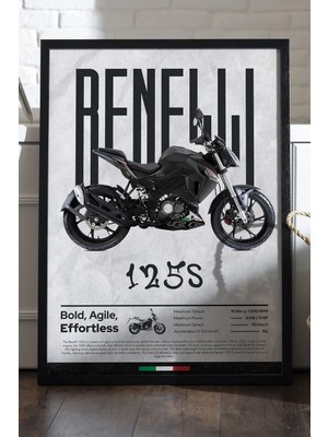 Duvarda Benelli 125S Siyah Ahşap Çerçeveli Poster, Dekoratif Motosiklet Duvar Tablosu