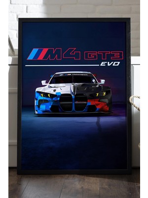 Duvarda Bmw M4 Gt3 Evo Siyah Ahşap Çerçeveli Poster, Dekoratif Araba Duvar Tablosu