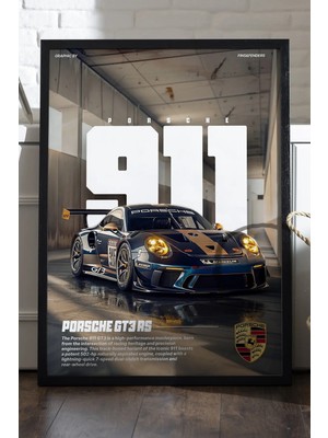 Duvarda Porsche 911 Siyah Ahşap Çerçeveli Poster, Dekoratif Araba Duvar Tablosu