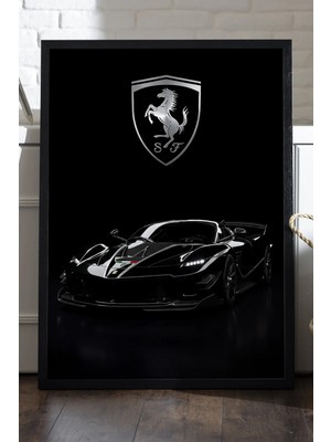 Duvarda Ferrari Fxx-K Siyah Ahşap Çerçeveli Poster, Dekoratif Araba Duvar Tablosu