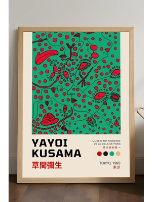 Duvarda Yayoi Kusama Doğal Ahşap Çerçeveli Poster, Dekoratif Sanatsal Duvar Tablosu