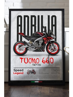 Duvarda Aprilia Tuono 660 Factory Siyah Ahşap Çerçeveli Poster, Dekoratif Motosiklet Duvar Tablosu