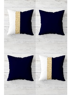 Yağmur Store Gold Şeritli ve Düz Desenli Gizli Fermuarlı Kırlent Kılıfı Koltuk Yastık Kılıfı TAKIM(4ADET), Lacivert-Beyaz 45 x 45
