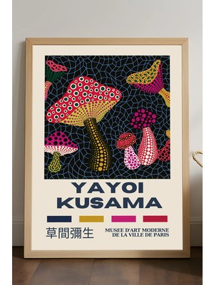 Duvarda Yayoi Kusama Doğal Ahşap Çerçeveli Poster, Dekoratif Sanatsal Duvar Tablosu